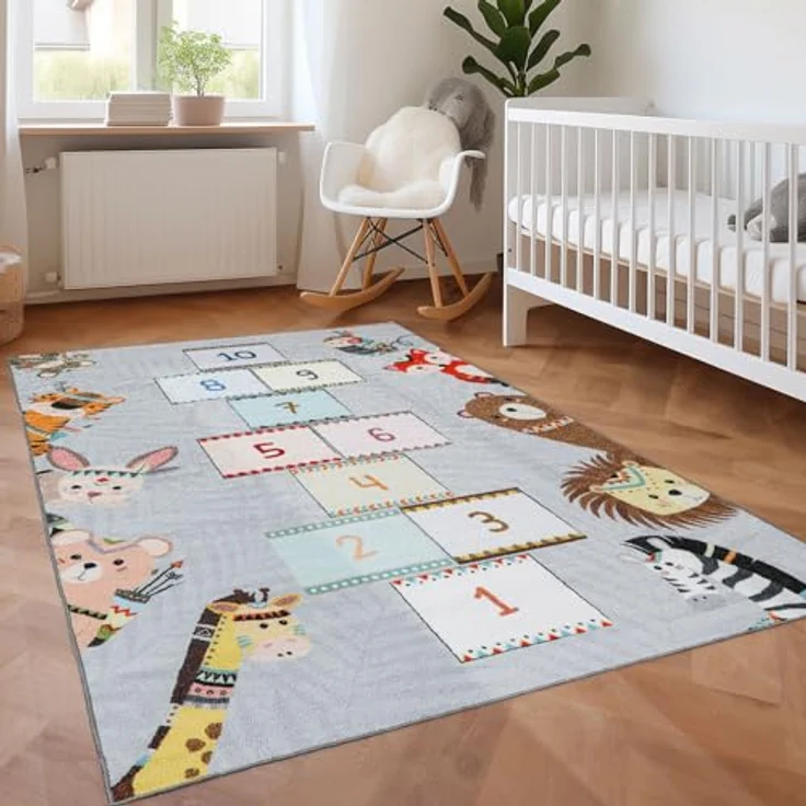 SIMPEX Himmel und Hölle KinderTeppich, Grau, 160 x 230 cm, rutschfeste Rückseite, OEKO-TEX Standard 100, fördert Bewegung und Koordination – Bild 1