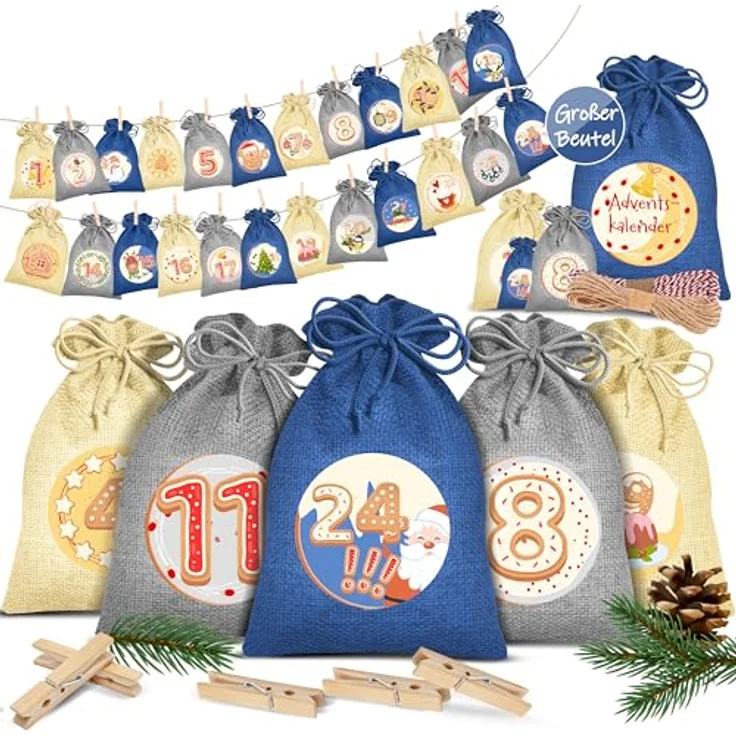 KESSER® Adventskalender zum Befüllen 24 Jutebeutel 16 x 12 cm Gedruckte Stoffbeutel Kinder Weihnachtskalender zum Selber Befüllen Inkl.. 24x Schildchen + 1 Großer Aufbewahrungsbeutel Stoff – Bild 1