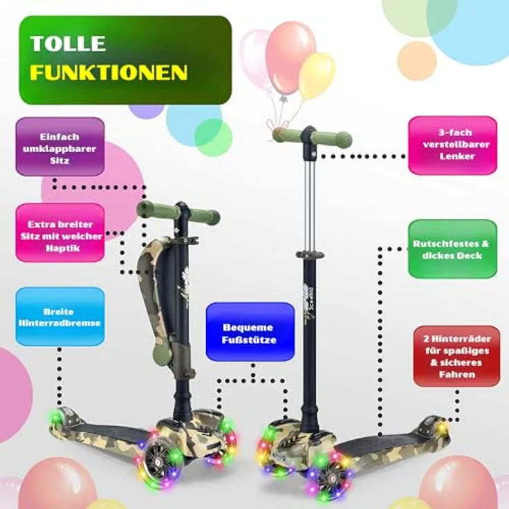 Hurtle ScootKid 3-Rad-Roller für Kinder, verstellbarer Tretroller mit rutschfester Plattform und blinkenden LED-Radlichtern, für Jungen/Mädchen von 2 bis 12 Jahren – Bild 2