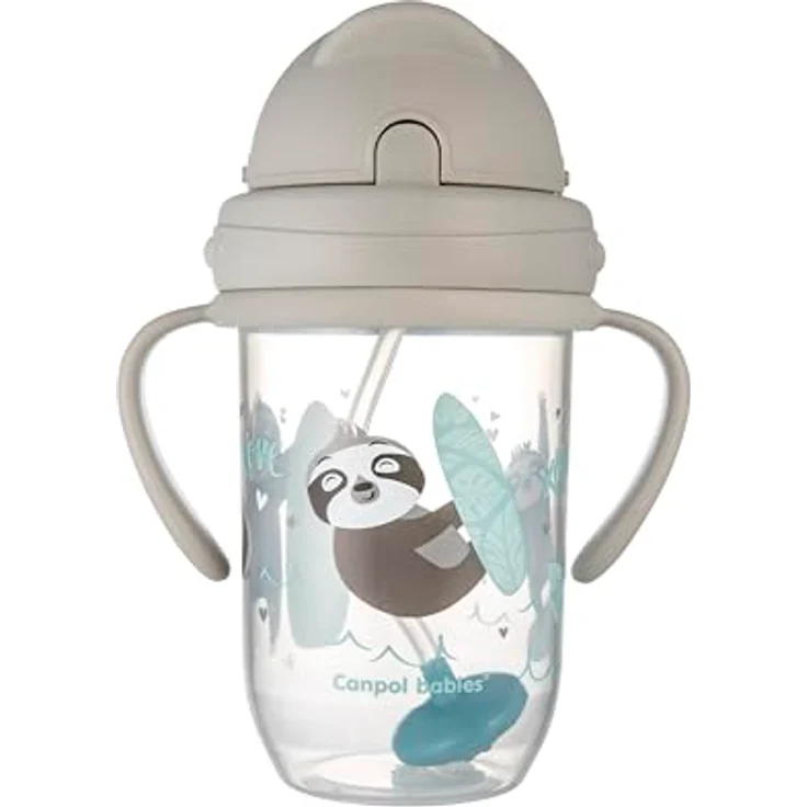 Canpol babies 56/606 Auslaufsicherer Becher mit beschwertem Strohhalm, 270 ml, 6+m, exotische Tiere, Grau – Bild 2