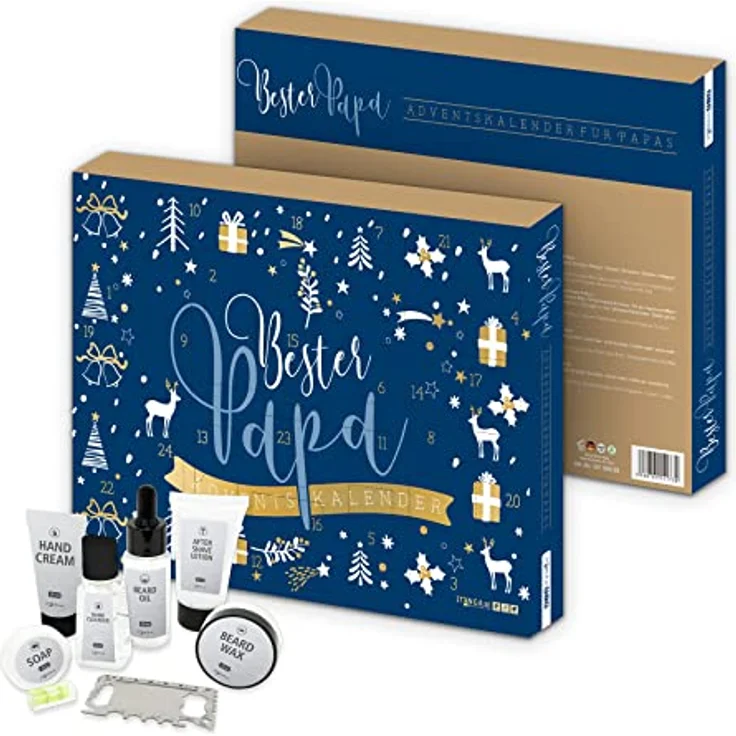 itenga Adventskalender Bester Papa blau gold gefüllt mit 24 Überraschungen z.B. Aftershave Lotion, Duschgel, Mini Wasserwaage perfekter Begleiter während der Vorweihnachtszeit für Männer – Bild 2