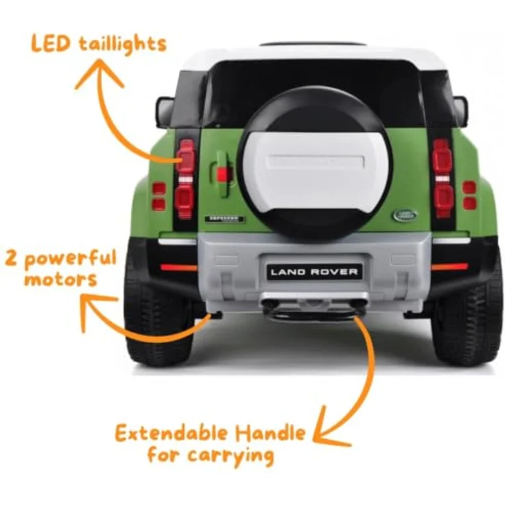 Land Rover Defender 90 Kinder Elektroauto 12V mit Fernbedienung, für 1 bis 6 Jahre, Grün, Scheinwerfer, MP3-Player, Sicherheitsgurte, 2 Motoren – Bild 9
