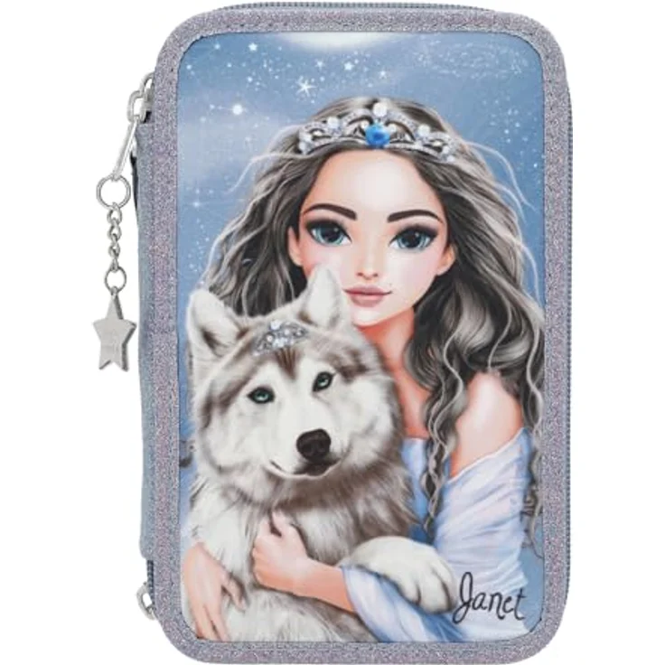 Depesche 13149 TOPModel Wolf-Gefüllte 3-Fach Federtasche in Dunkelblau, mit Model Motiv, Sternen und Glitzer, Federmappe mit Buntstiften, Lineal, Schere UVM, Blau – Bild 1
