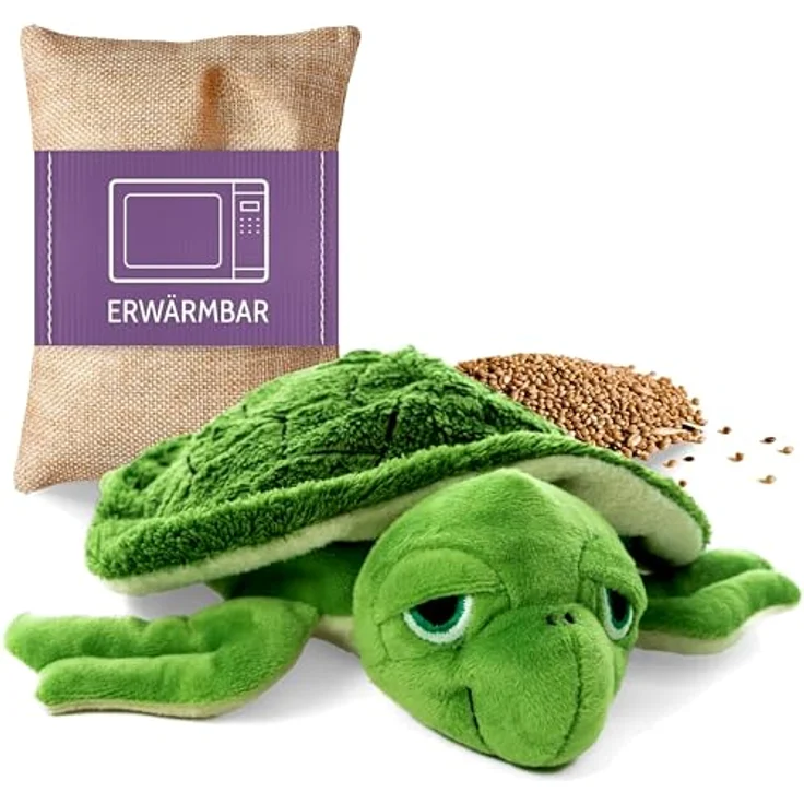 Habibi Midi Wärmekissen Wasserschildkröte, Hirsefüllung für Babys und Kinder, Mikrowellen-erwärmbar, kuscheliger Plüsch-Flanell, 22x21x6 cm – Bild 1