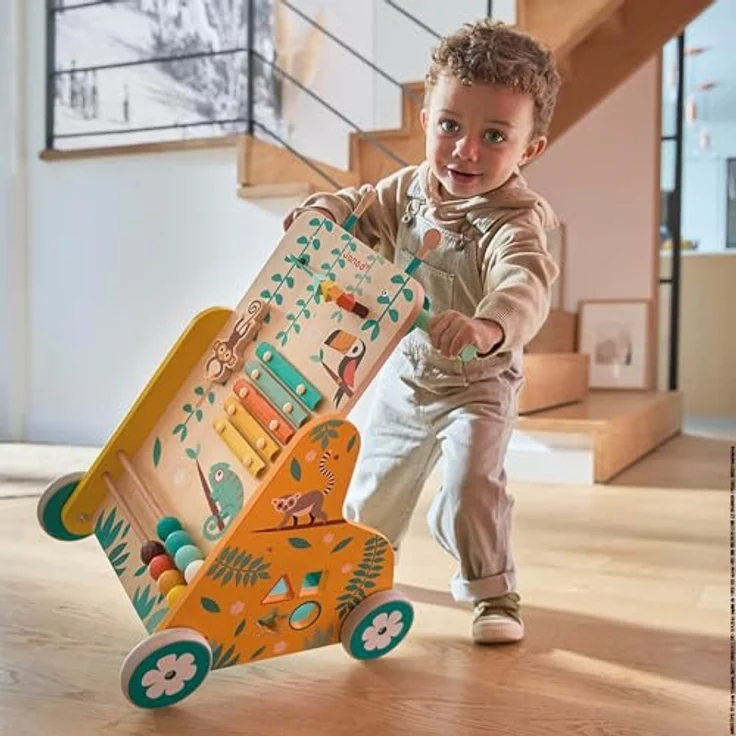 Janod - Multi-Aktivitätswagen Tropik - Laufwagen aus Holz - Lernspielzeug mit 6 Aktivitäten - Leise Räder und Feststellschraube - FSC-zertifiziert - Wasserfarbe - Ab 1 Jahr, J08269 – Bild 10