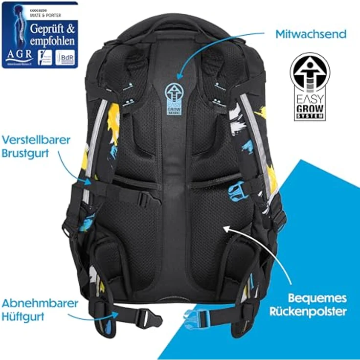 coocazoo Schulrucksack Mate, wasserdichtes Polyester, höhenverstellbare Schulterträger, geeignet für Körpergröße 135-180 cm, mit Air-Mesh Rückenpolsterung, schwarz – Bild 4
