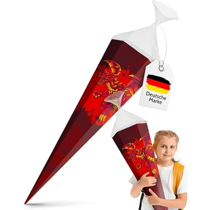 itenga Motiv Schultüte 85cm für Jungen, eckig mit Tüllverschluss, stabile Zuckertüte mit Dinosaurier, Traktor, Rennauto, Feuerwehr, Polizei, Fußball (Drache) – Bild 2
