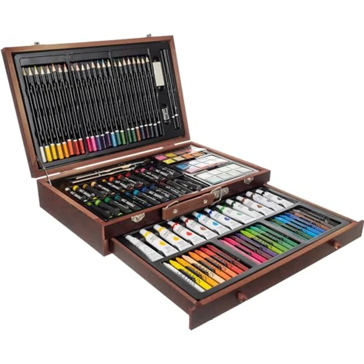 Redfink Kreativset Malset Malkoffer 130-teilig, Holz-Kofferset mit Acrylfarben, Ölfarben, Buntstiften und Malutensilien – Bild 4