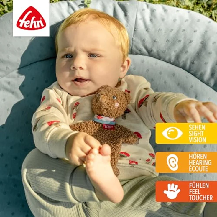 Fehn Knistertier Bär, 17 cm Babyspielzeug aus Curly-Plüsch mit Raschelpapier für Babysinnesentwicklung – Bild 2