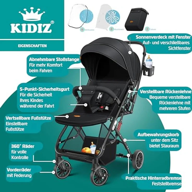 Kidiz Kinderwagen Kinderbuggy klappbar Liegebuggy Sportwagen 360° Räder 5-Punkt Gurt, Inkl. Fußsack, Getränkehalter, Regenabdeckung & Moskitonetz, verstellbare Rückenlehne & Sonnenverdeck, blau – Bild 2