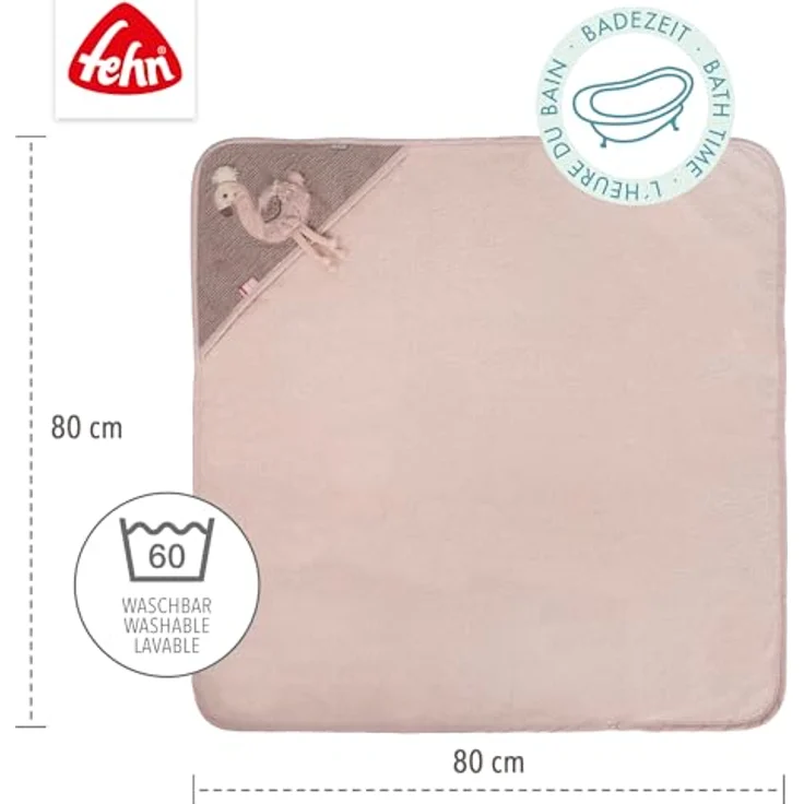 Fehn Kapuzenbadetuch Flamingo, Bade-Poncho aus Frottee mit Kapuze, saugstark & pflegeleicht, 80 x 80 cm, für Babys und Kleinkinder ab 0+ Monaten – Bild 5
