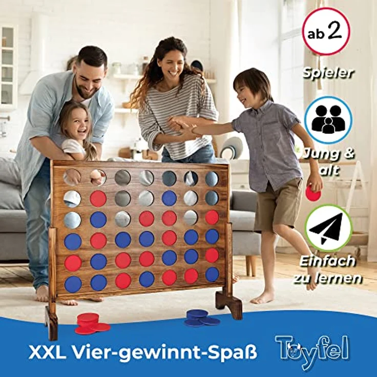 Toyfel Vier Gewinnt Spiel XXL Holzspielzeug Groß – Spielklassiker 4 Gewinnt aus FSC® Holz Indoor & Outdoor Spiele – Premium Gesellschaftsspiel für Erwachsene & Kinder ab 4 Jahren - Ace, Kiefernholz, Farbe unbekannt – Bild 3