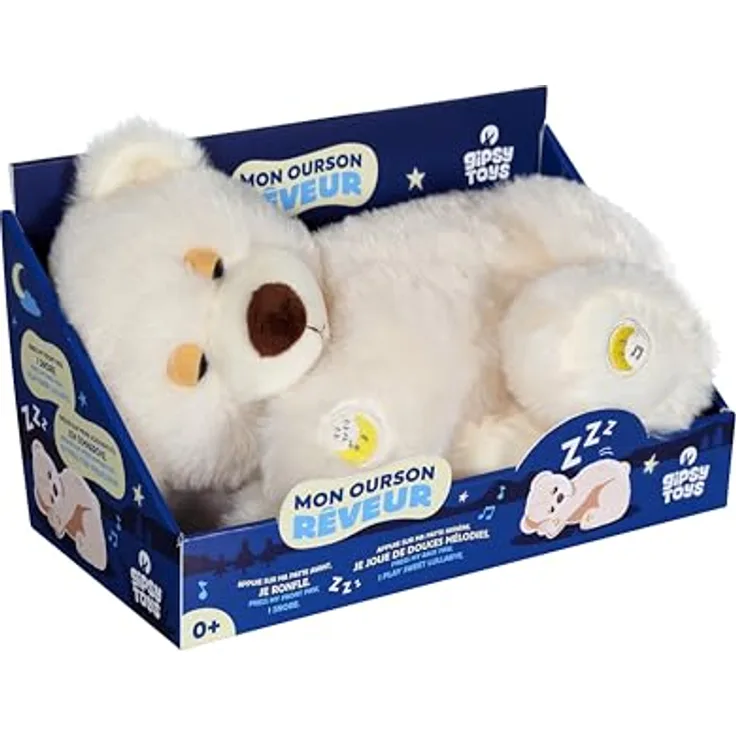 Gipsy Toys Verträumter Bär Sound, Plüschtier mit sanftem Schnarchen und 4 Melodien, 30cm, beige