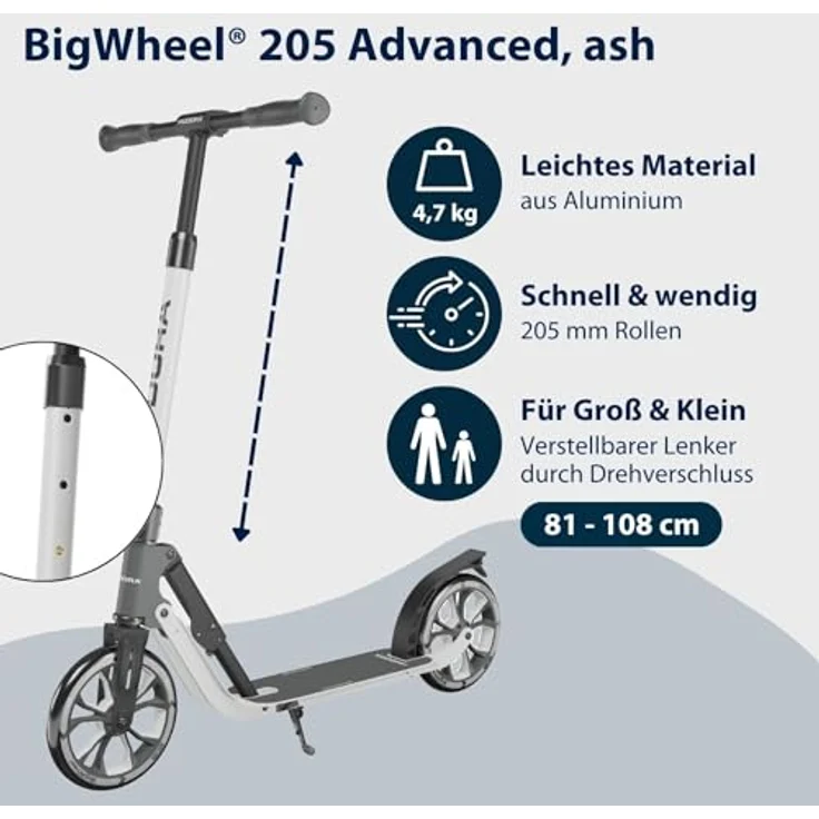 Hudora Scooter Big Wheel 205 Advanced, faltbarer Tretroller mit 205 mm Rädern, höhenverstellbar und bis 100 kg belastbar, ash – Bild 3