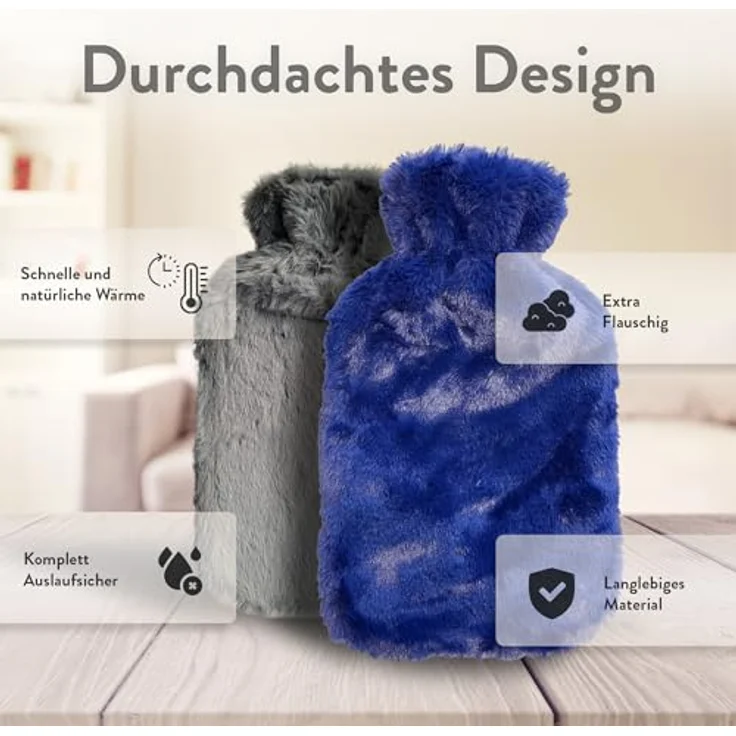 IEA Medical Wärmflasche 2L mit 2x weich flauschigem Bezug, zur Schmerzlinderung & Warm-/Kalttherapie, BPA-Frei, Dunkelblau und Dunkelgrau, Set – Bild 4
