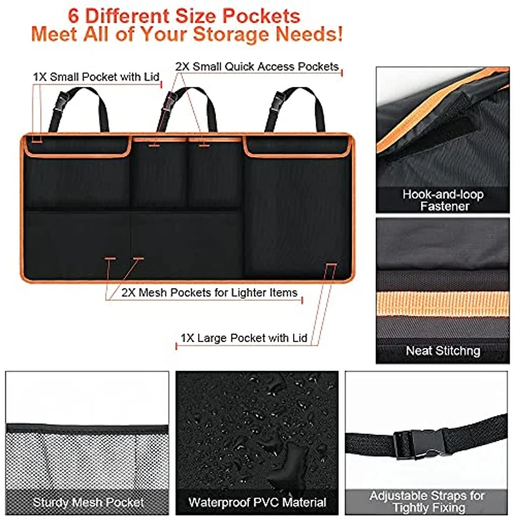 URAQT Kofferraum Organizer, 96x44 cm, wasserdicht mit 6 Taschen, verstellbarem Riemen und 3 Befestigungsriemen für SUVs – Bild 3