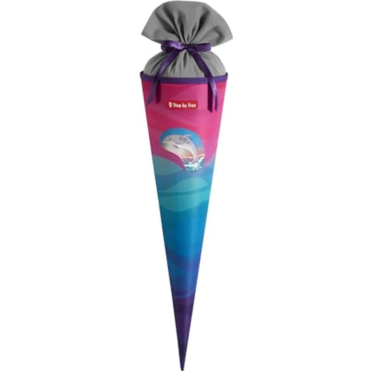 Step by Step Schultüte „Dolphin Lana“, blau-rosa, aus recycelten PET-Flaschen, 5 l Füllvolumen, 70 cm Höhe, mit Stoffverschluss – Bild 1