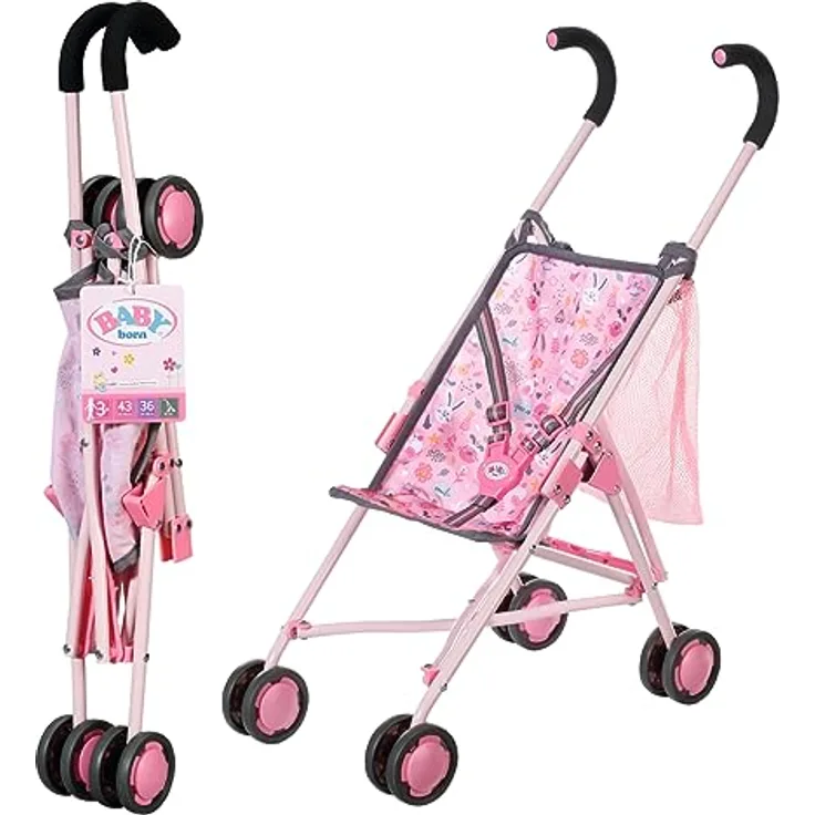 BABY born Zapf Creation 832547 Stroller mit Tasche-Faltbarer Puppenwagen mit Netz und 3-Punkt-Gurt, 62cm Griffhöhe in rosa