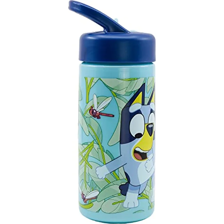 Stor Bluey Sport-Trinkflasche mit Strohhalm und integriertem Griff, 410 ml, blau, BPA-frei, auslaufsicher