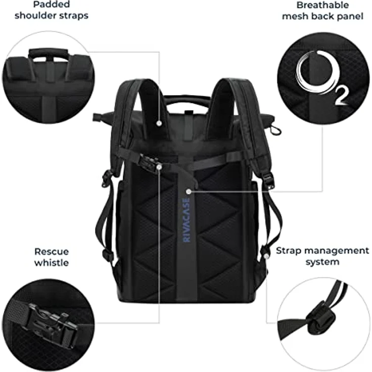 Rivacase Ultraleichter Rucksack Laptop bis 15.6 Zoll - Tagesrucksack - Unisex Erwachsenen - wasserdichter Schulrucksack und Schultasche - Sportrucksack für Reisen und Arbeit / 5321 (schwarz) – Bild 4