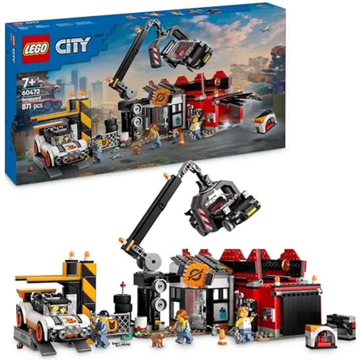 LEGO City Schrottplatz mit Autos - Spielzeug mit Schrottpresse und Kran, 2 Spielzeugautos, 4 Arbeiter Minifiguren & Bürogebäude - Geburtstagsgeschenke für Jungen und Mädchen ab 8 Jahren 60472 - Lernspielzeug zur Wiederverwertung