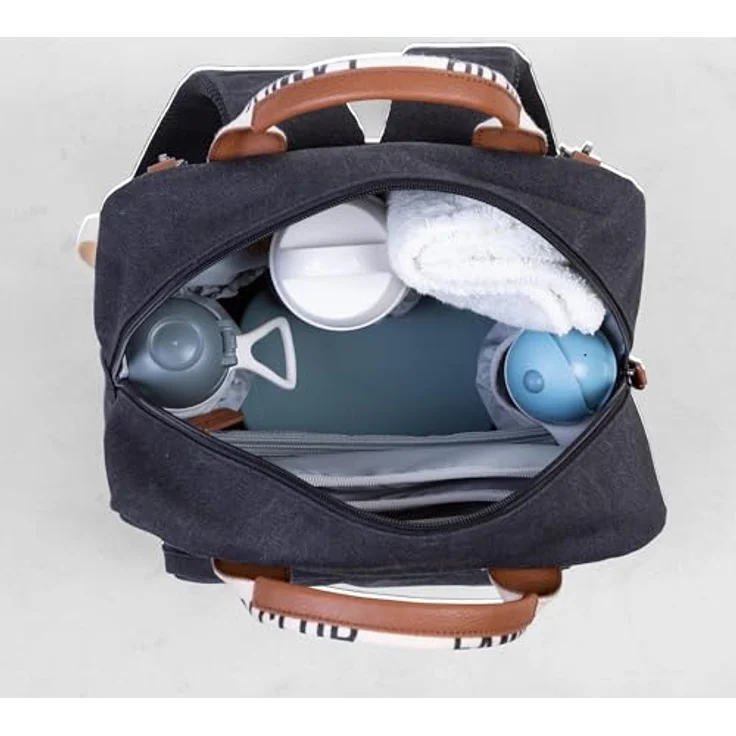 CHILDHOME Wickelrucksack Family Bag Club, Großes Fassungsvermögen, Multifunktional, 11 Fächer, Isotherm Taschen, Trolley-Koffer Durchgang, Kinderwagenbefestigung, 20,5L, Schwarz – Bild 5