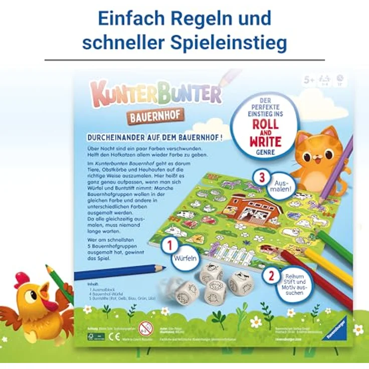 Ravensburger Kunterbunter Bauernhof 24761 - Würfelspiel zum Ausmalen für 1-4 Kinder ab 5 Jahren, inkl. hochwertiger Buntstifte – Bild 4