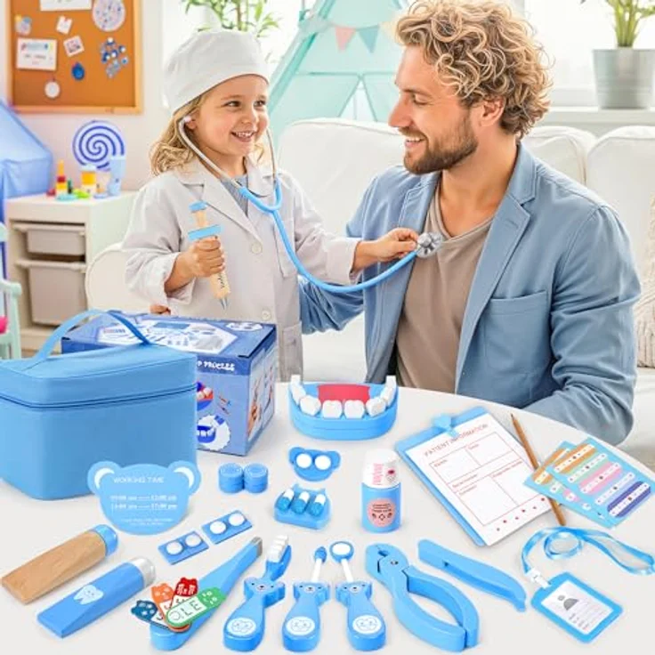 Ophy Arztkoffer Kinder ab 3 Jahre, 40-TLG. Holzspielzeug mit echtem Stethoskop und Zahnarzt Zubehör, blaue Tragetasche – Bild 5