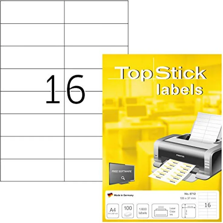 TopStick 8712 Universal Etiketten, 1000 Blatt, 105 x 37 mm, 16 pro A4 Bogen, selbstklebend, bedruckbar, matt, blanko, weiß, 16000 Stück