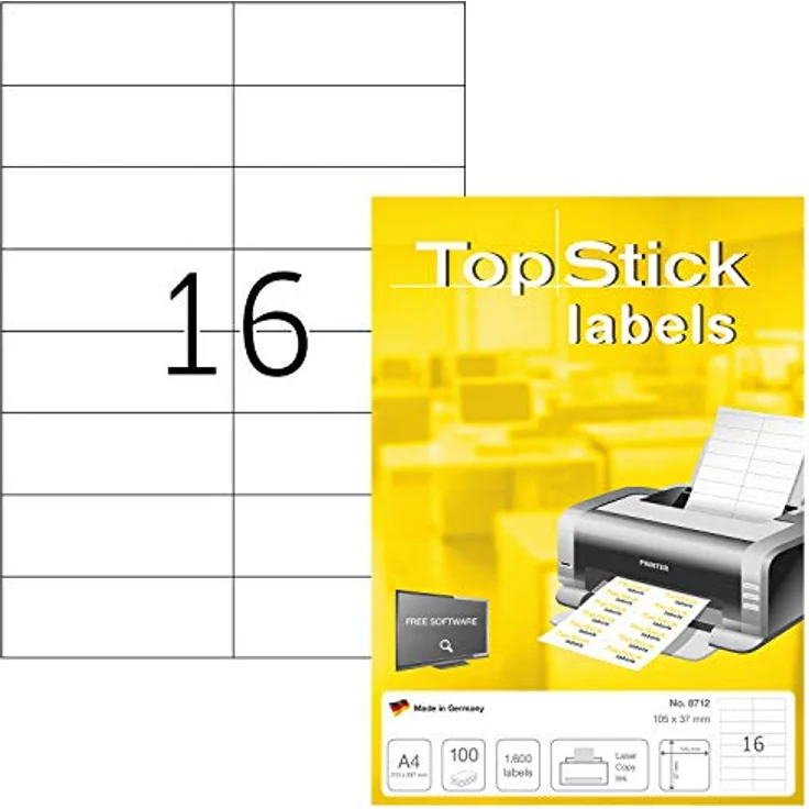 TopStick 8712 Universal Etiketten, 1000 Blatt, 105 x 37 mm, 16 pro A4 Bogen, selbstklebend, bedruckbar, matt, blanko, weiß, 16000 Stück – Bild 1