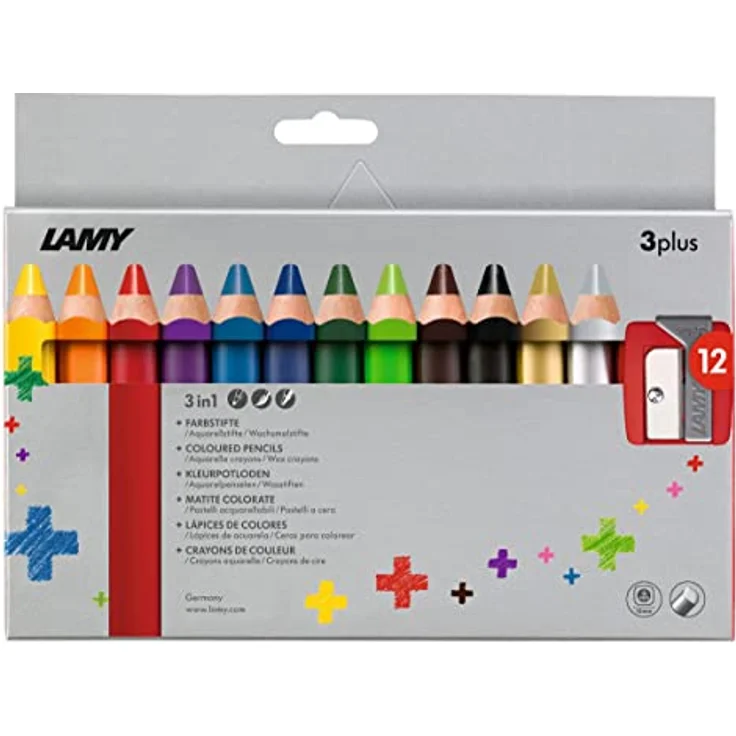 Lamy 1223548 3plus Farbstifte 520 12er-Set: Faltschachtel mit 12 Farbstiften + Spitzer. Stifte aus Zedernholz mit ergonomischer Form und hoher Farbbrillanz – Extradicke Mine Ø 10 mm, Farbstift Ø 15 mm – Bild 1