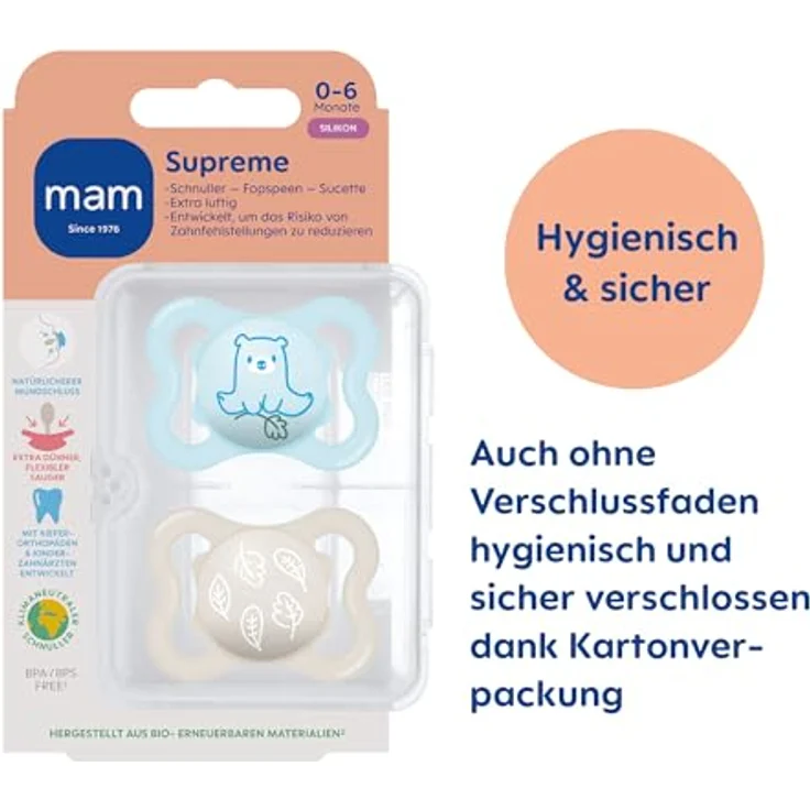 MAM Supreme Schnuller im 2er-Set, Baby Schnuller für eine gesunde Zahn- und Kieferentwicklung, beugt Hautreizungen vor, mit Schnullerbox, 0-6 Monate, Bär/Blätter – Bild 2