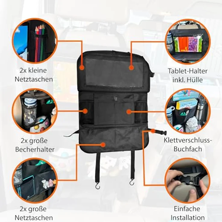 Lunaria Auto-Organizer & Rückenlehnenschutz, XXL mit 13" Tabletfach, Klapptisch & 11 Fächern für Kinder, ideal für lange Autofahrten, schwarz – Bild 5