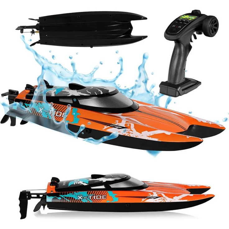 Overmax RC-Boot X-TIDE, Komplettset mit 1200mAh Akku, 25 km/h, 2 Akkus, Auto-Flip, Wasserstart, Demo-Modus