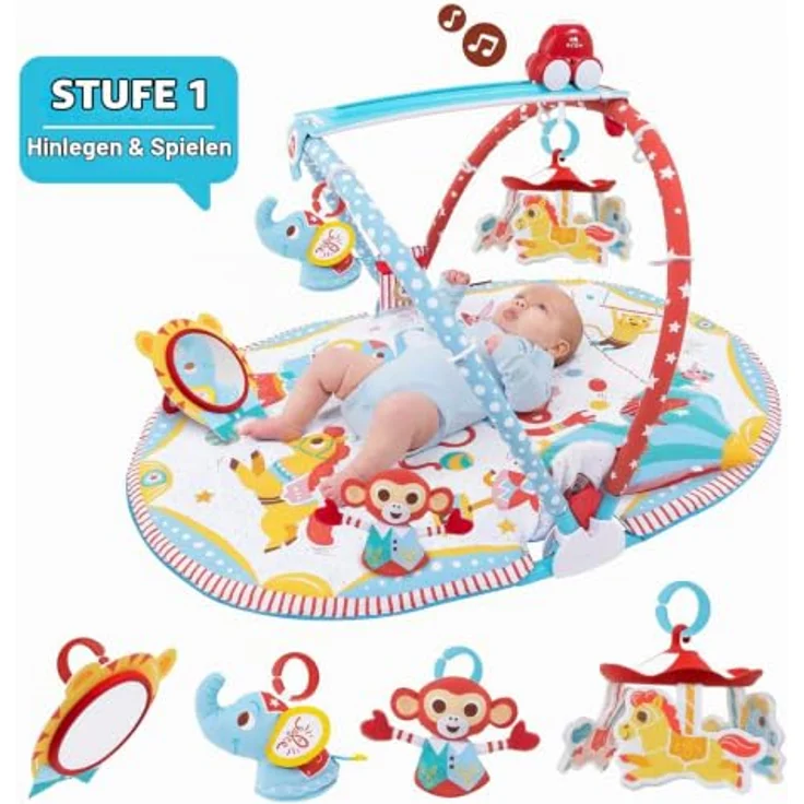 Yookidoo Zirkus Baby Spielmatte Gym, 3-in-1 Activity Center mit motorisiertem Musik-Mobile, Bauchlage-Kissen, Spiegel & strukturierten Tierfiguren für 0–12 Monate – Bild 2