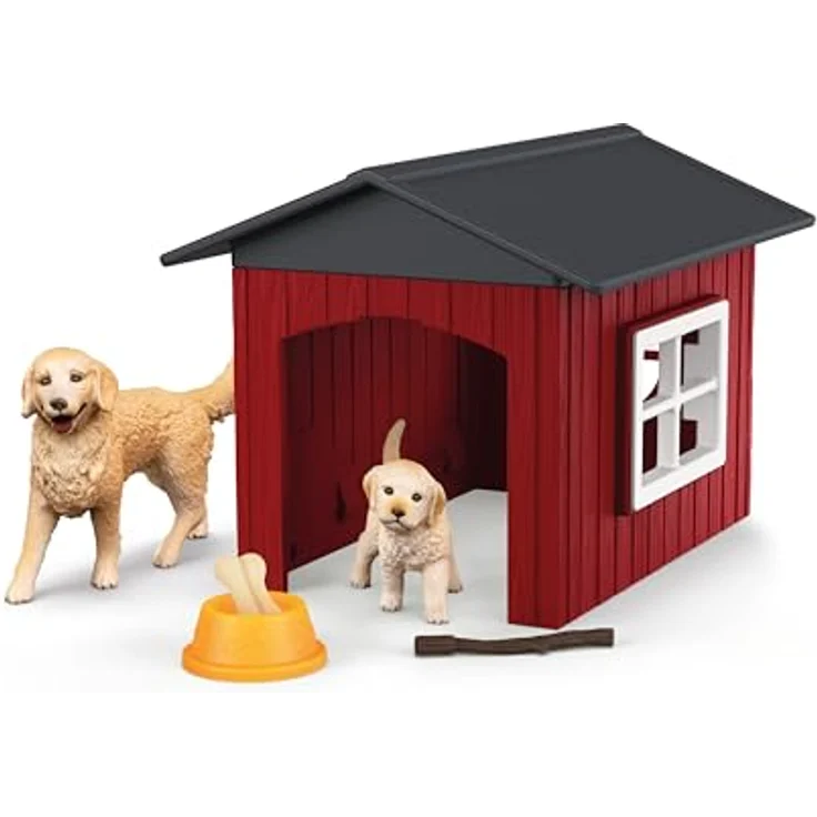 Schleich Hundehütte mit Golden Retrievern, rote Holz-Hundehütte mit Fenster und abnehmbarem Dach, 17 x 13 x 7,8 cm – Bild 1
