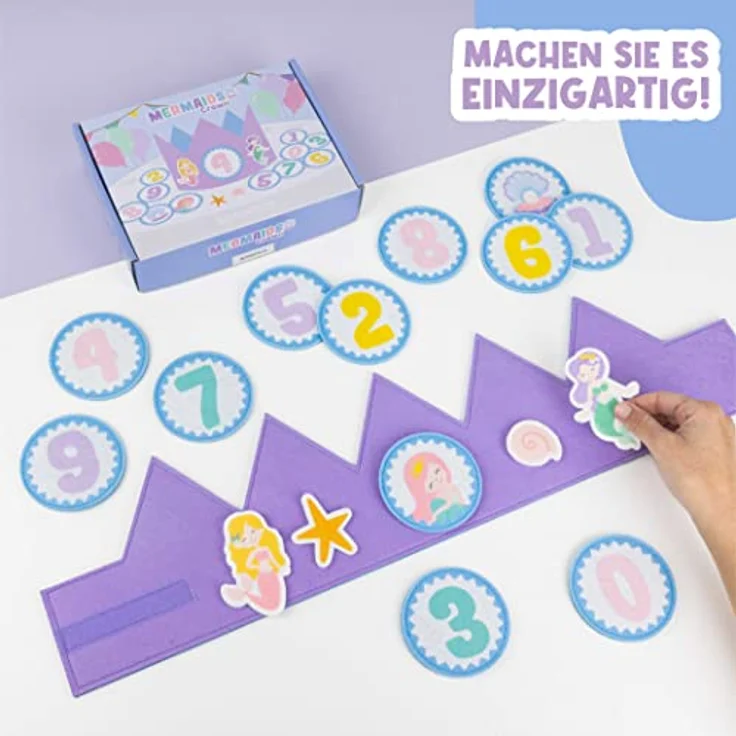 BONNYCO Geburtstagskrone Mädchen Meerjungfrau, mit auswechselbaren Zahlen von 0 bis 9, pastelllila und pastellblau, ideal für Geburtstage und Karneval – Bild 3