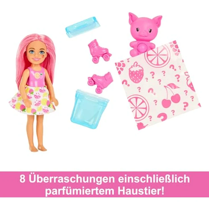 Barbie Anziehpuppe Pop Reveal kleine Chelsea-Puppe der Fruit Serie, mit 5 Überraschungen, Dufterlebnis mit Erdbeerlimonade, Fruchtpunsch, Wassermelone oder Grapefruit, inkl. Rollschuhe – Bild 4