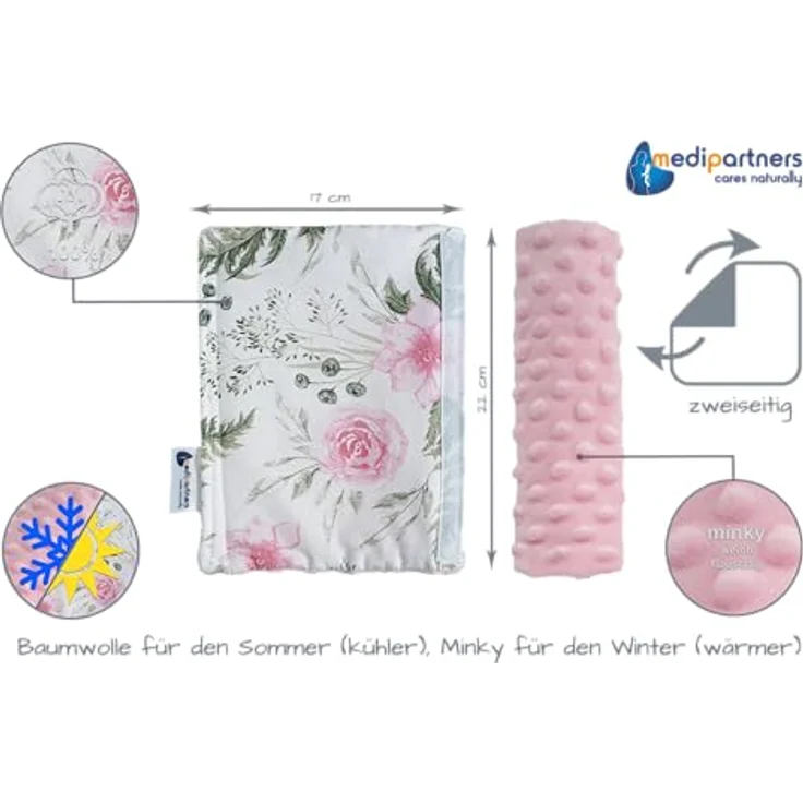 Gurtpolster Schulterpolster für Auto 17x22cm Baby 100% Baumwolle Minky Medi Partners doppelseitig Autogurt Gurtschutz Sportwagen scheuerstellen (Blument mit hellrosa Minky) – Bild 4