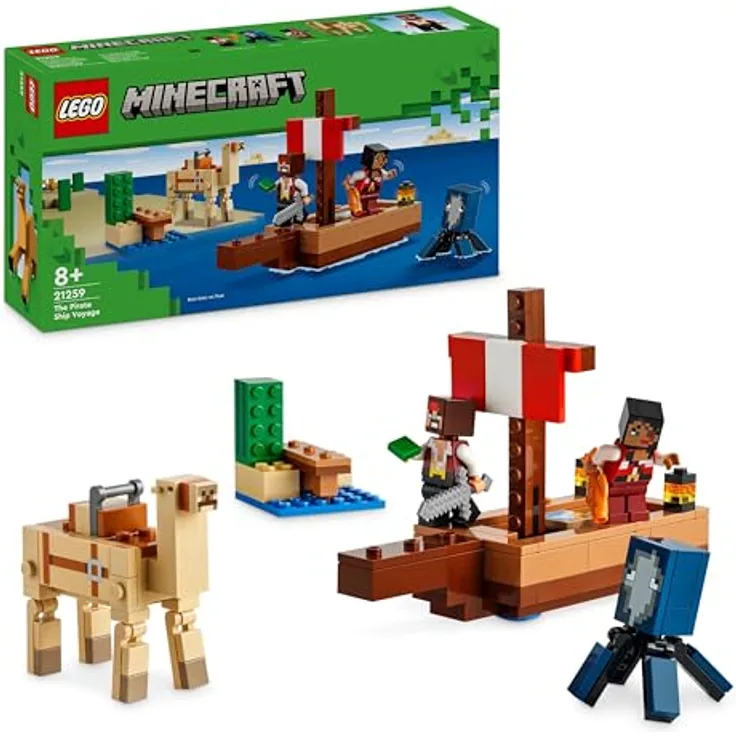 LEGO Minecraft Die Piratenschiffreise, Spielzeug-Schiff mit Piratenfiguren, Tintenfisch und Kamel, Bauspielzeug für Rollenspiele, Geschenk für Jungen und Mädchen ab 8 Jahren 21259
