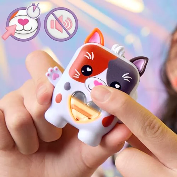 Nano-Mals Purrnelope, elektronisches Fidget-Tierchen mit farbwechselnder Herzanzeige, lila Kleid und Clip für Schlüsselanhänger – Bild 6