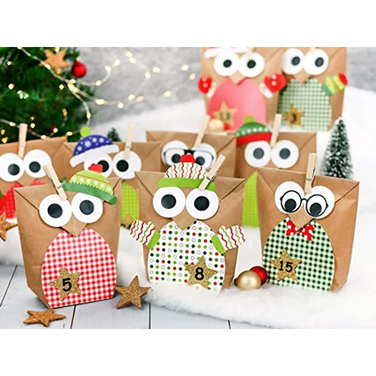 Papierdrachen DIY Adventskalender zum Befüllen - Weihnachtseulen - Eulen Weihnachten - Set Rot mit zusätzlichen Aufklebern - zum selbst basteln - für Kinder – Bild 4