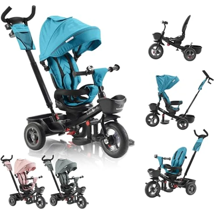 FableKids 5in1 Dreirad Noemi mit Schubstange ab 18 Monate bis 25kg, Vorwärts und Rückwärtsfahrt, PU-Reifen, Freilauf geräumiger, Korb, Tasche, Getränkehalter - Türkis – Bild 2