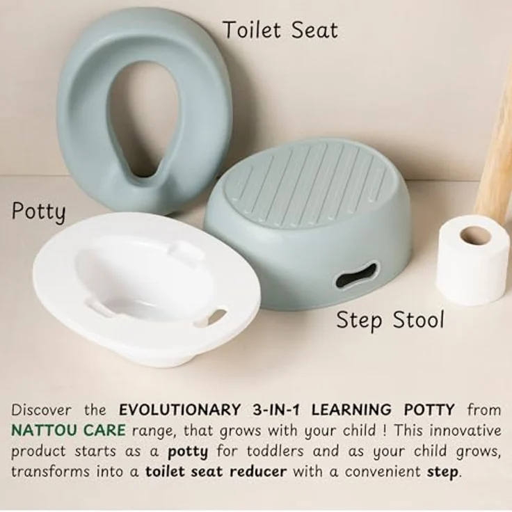 Nattou Babytopf 3in1, Töpfchen + Hocker + Toilettensitz für Kinder, Anatomische Form, Abnehmbarer Auffangbehälter, Blau – Bild 5
