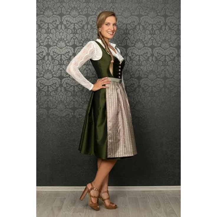 Edelnice Dirndl Adele, Midi Dirndl in Waldgrün und Pink mit femininem Schnitt – Bild 5