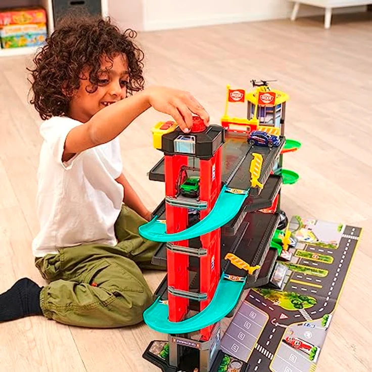Dickie Toys - 4-stöckiges Parkhaus für Kinder ab 3 Jahre (87x52 cm) mit Zubehör - große Spielzeug-Parkgarage auf 5 Ebenen mit Aufzug, Rennbahn, Spielzeugautos, Hubschrauber, Licht & Sound – Bild 5