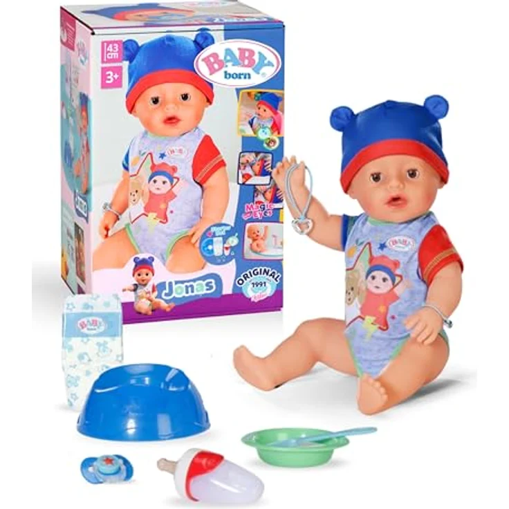 Baby Born Babypuppe Jonas, 43 cm (Set, 11-tlg), mit 10 lebensechten Funktionen, inkl. magischem Teller und Zubehör – Bild 2