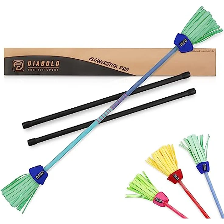 Diabolo Freizeitsport Flowerstick Pro, Profi-Flowerstick aus Fiberglas, blau-türkis, inkl. 2 Handstäben, UV reaktiv, handbemalt, Festival-Hingucker – Bild 1