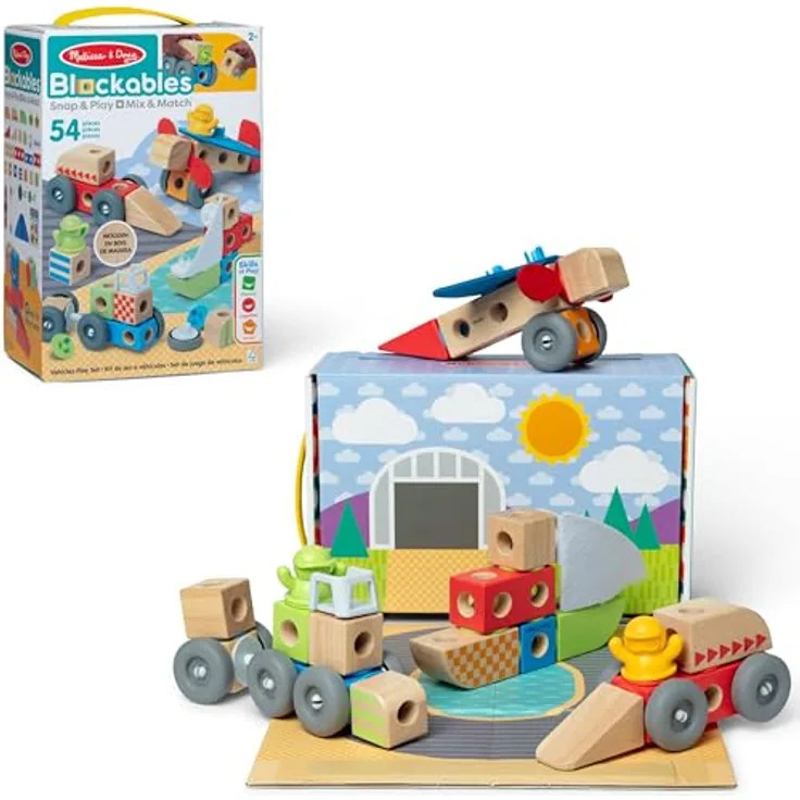 Melissa & Doug Blockables Building Set Vehicles, 18-teiliges Holzspielzeug mit Fahrzeug-Bausteinen und Zubehör für kreative Spielmöglichkeiten