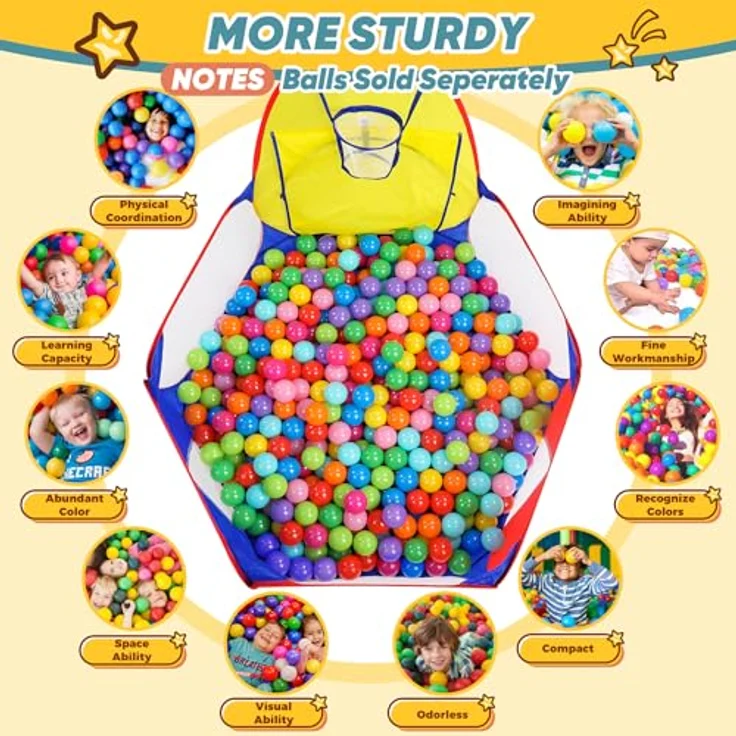 Eocolz Bällebad für Kinder, großes Pop-Up-Ballbecken mit Basketballkorb, 120 cm, Blau & Rot & Gelb, tragbar und sicher – Bild 3